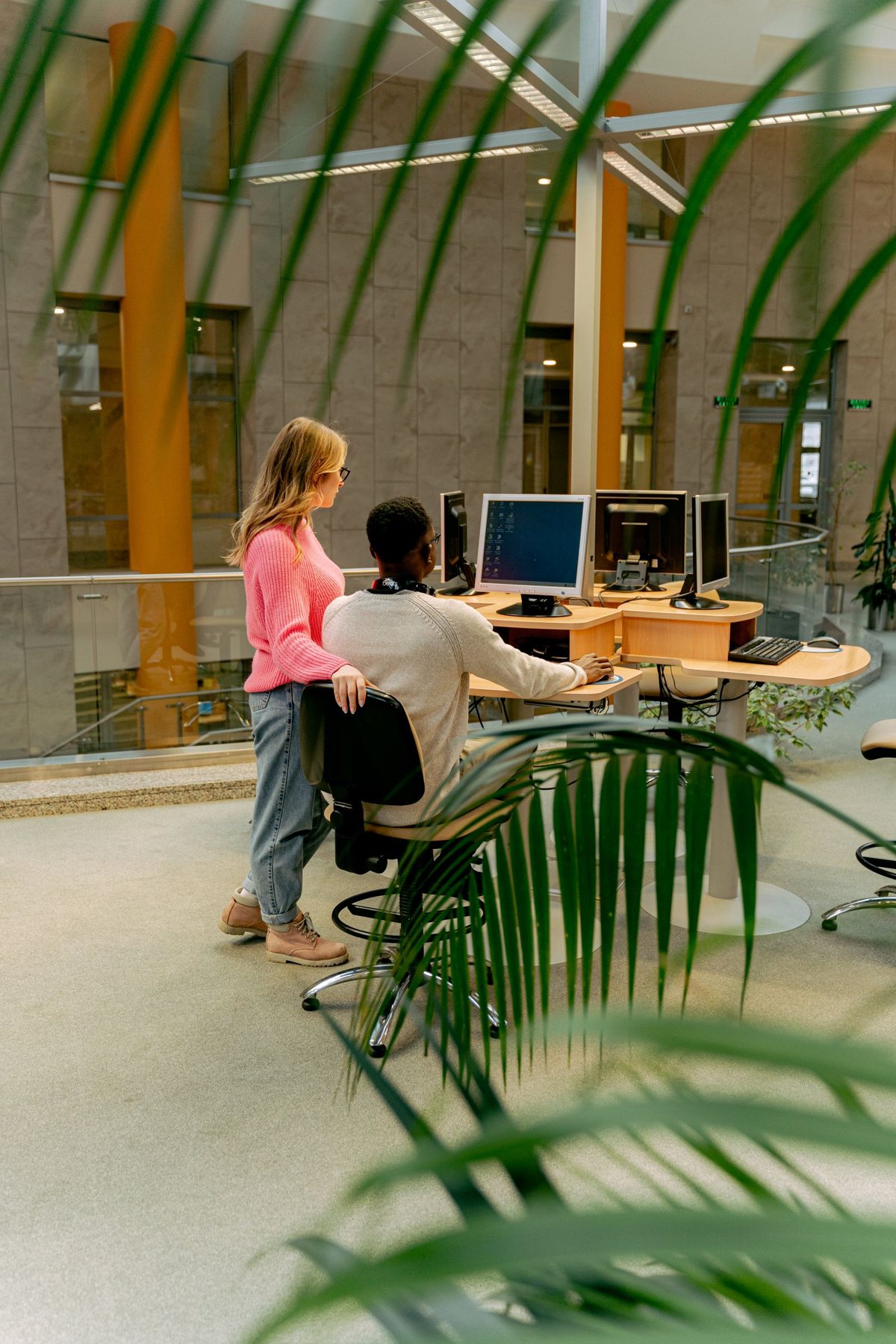People working at monitors in a bright open office