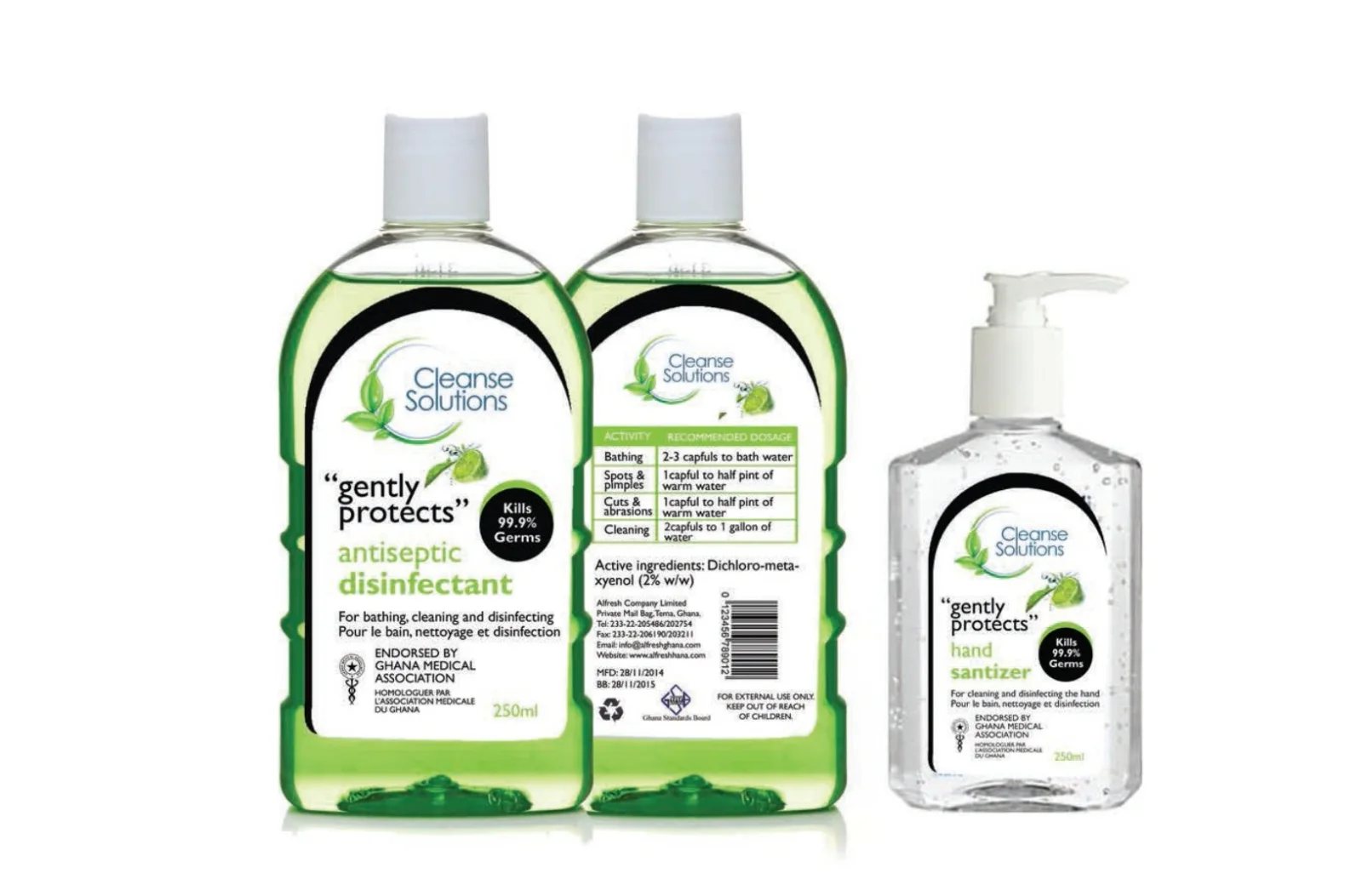 Hand wash and sanitiser bottles with green labels