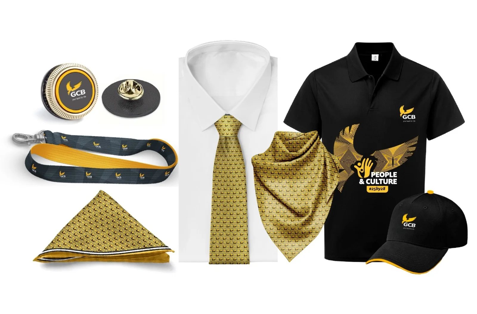 Branded scarf, tie, cap and polo shirt