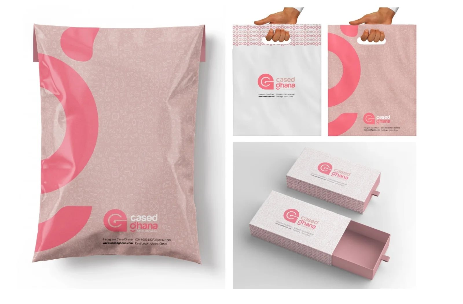 Pink brand identity and packaging with tissue, stickers and cards