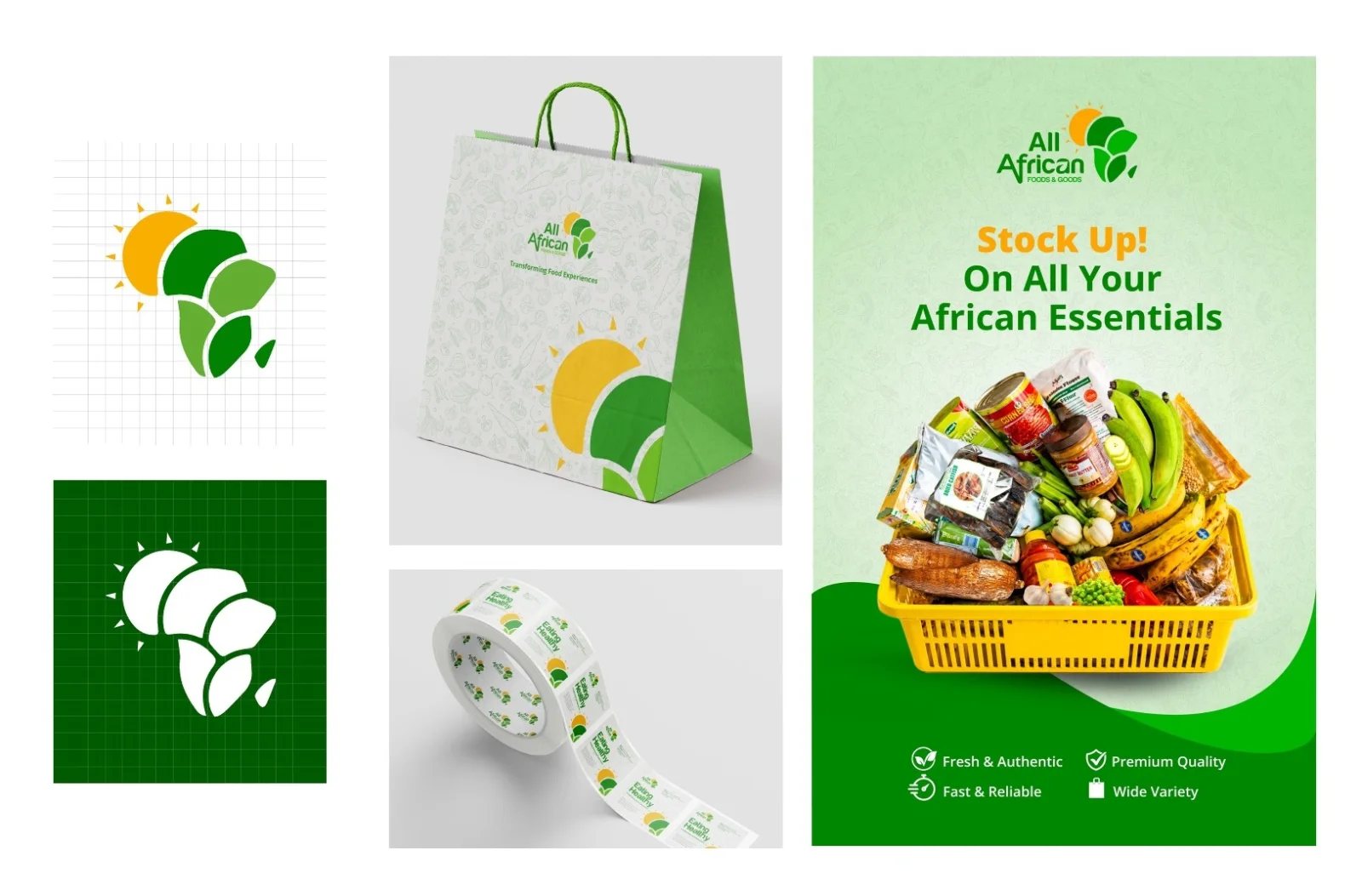 Green grocery brand identity on bags, labels and posters