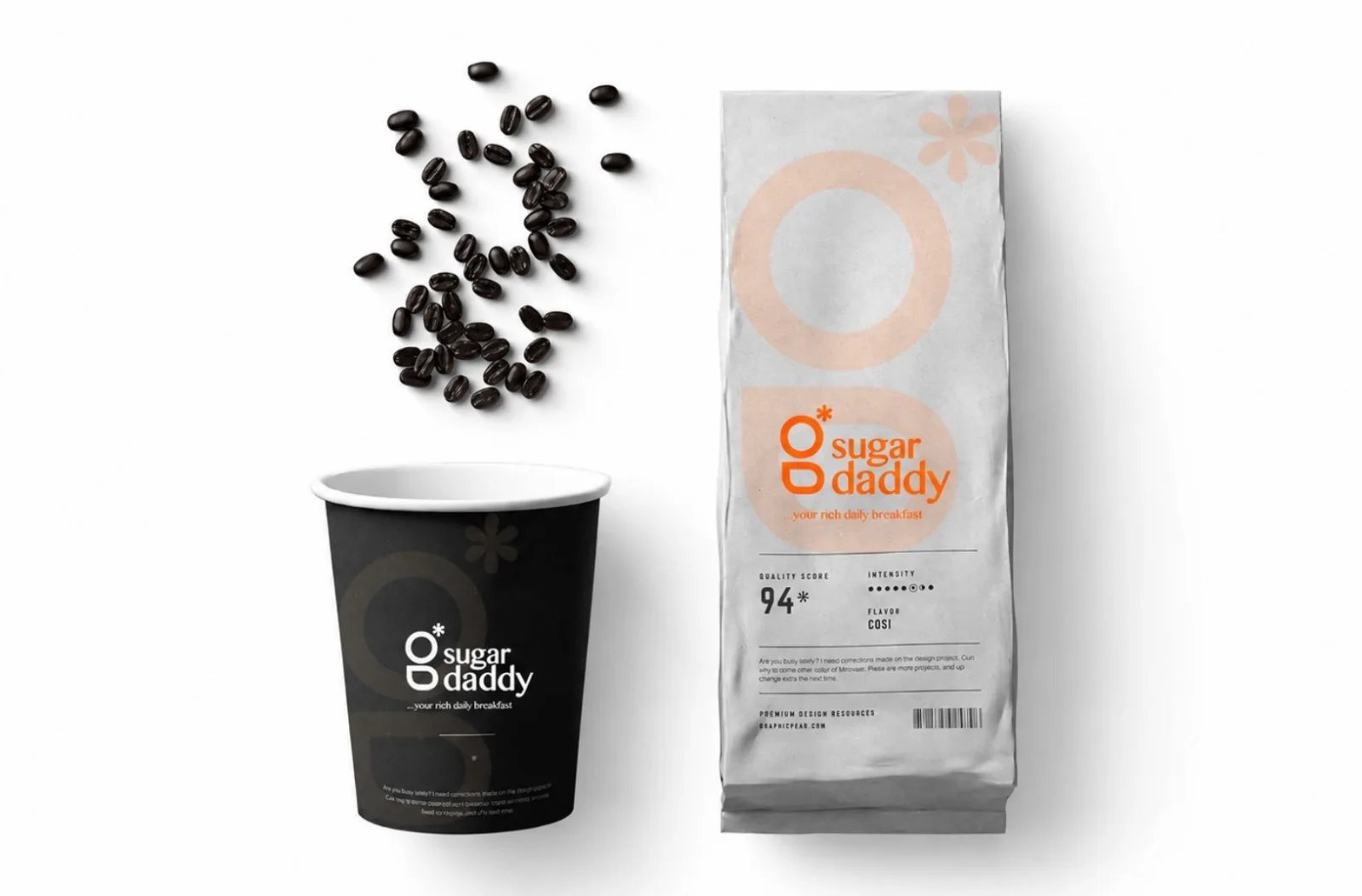 Coffee cup and bag with a minimal brand mark