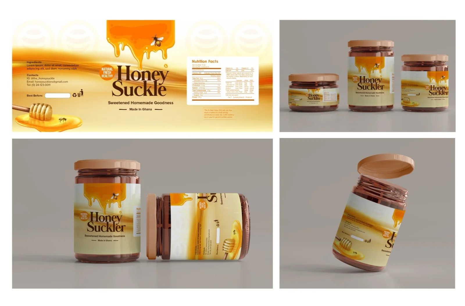 Honey jars and labels for a packaging range