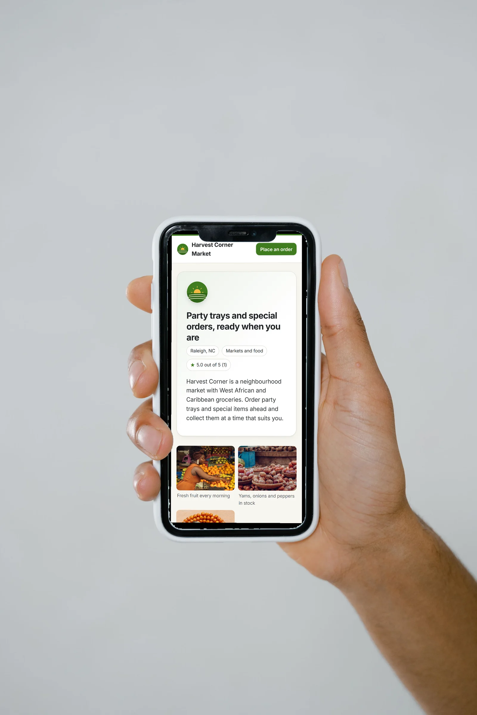 Harvest Corner Market's page on a real phone
