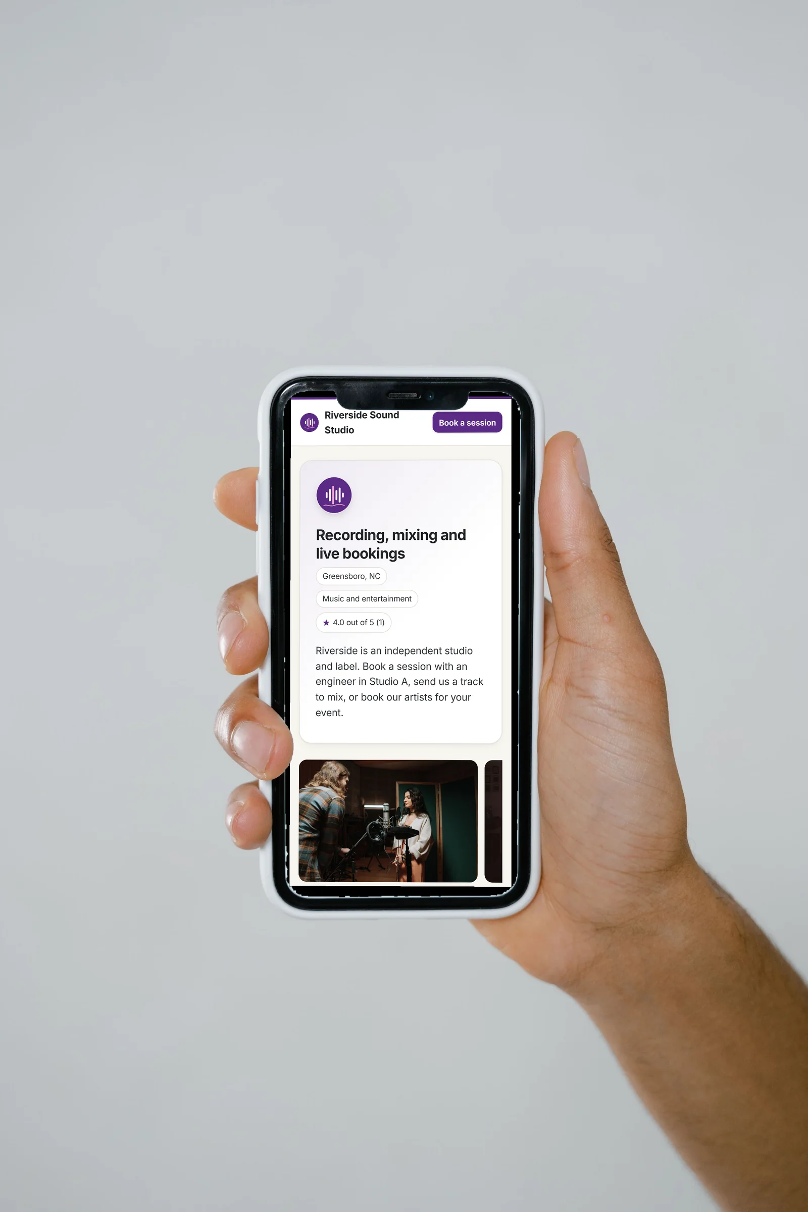 Riverside Sound Studio's page on a real phone
