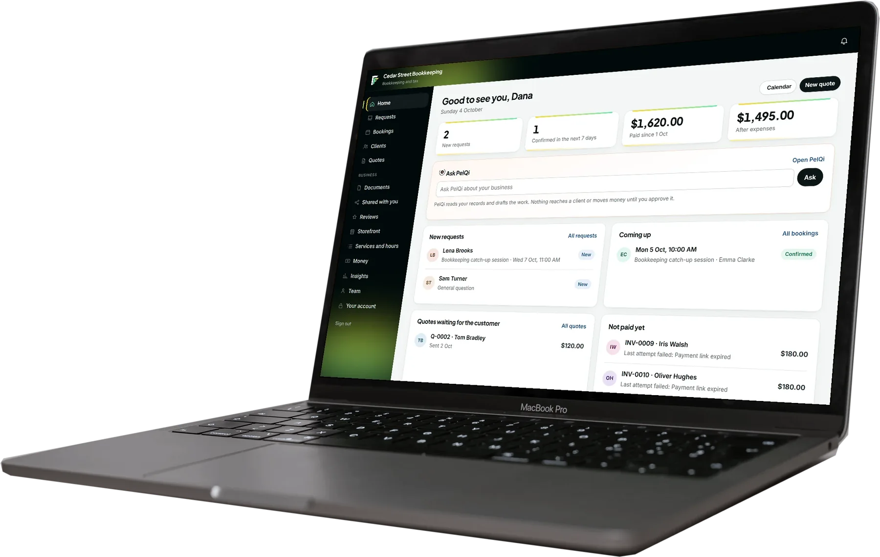 A MacBook showing the Fountain home screen for a bookkeeping practice