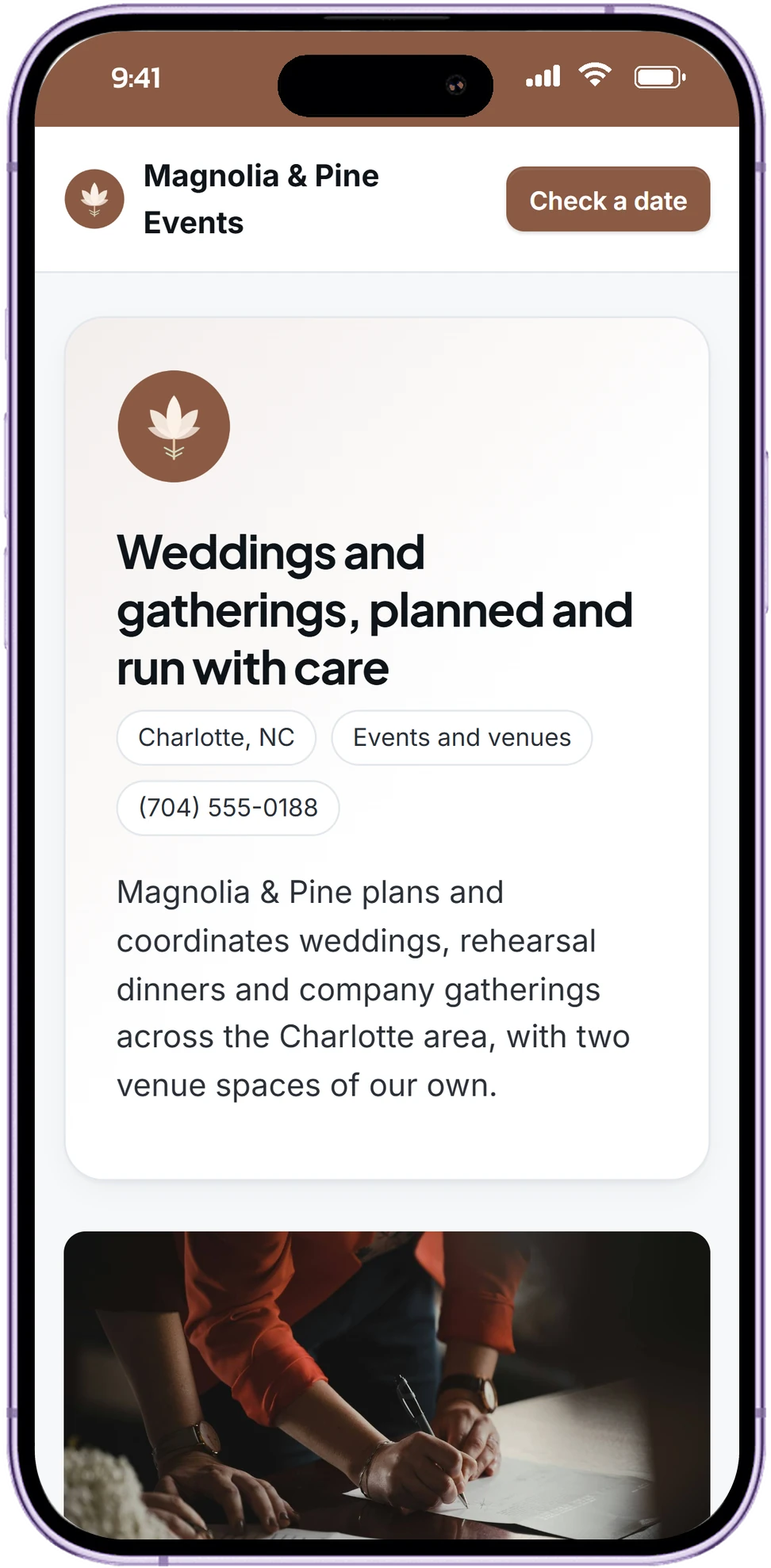 Magnolia & Pine Events's page on a phone
