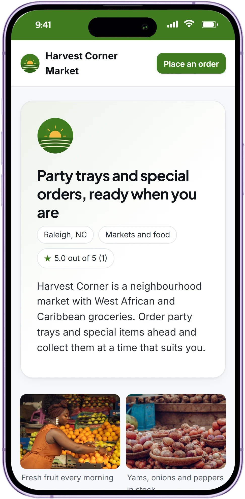 Harvest Corner Market's page on a phone