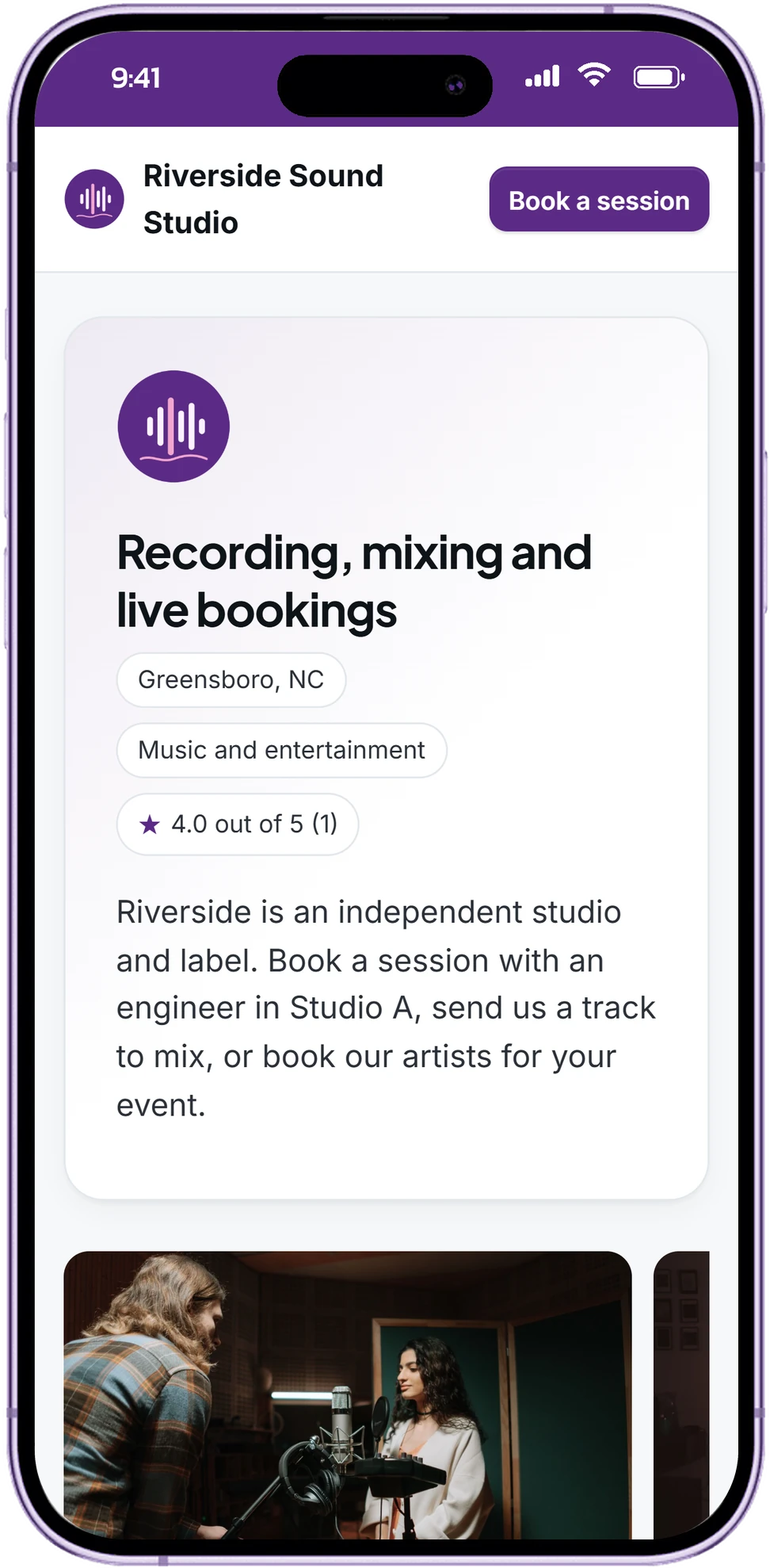 Riverside Sound Studio's page on a phone