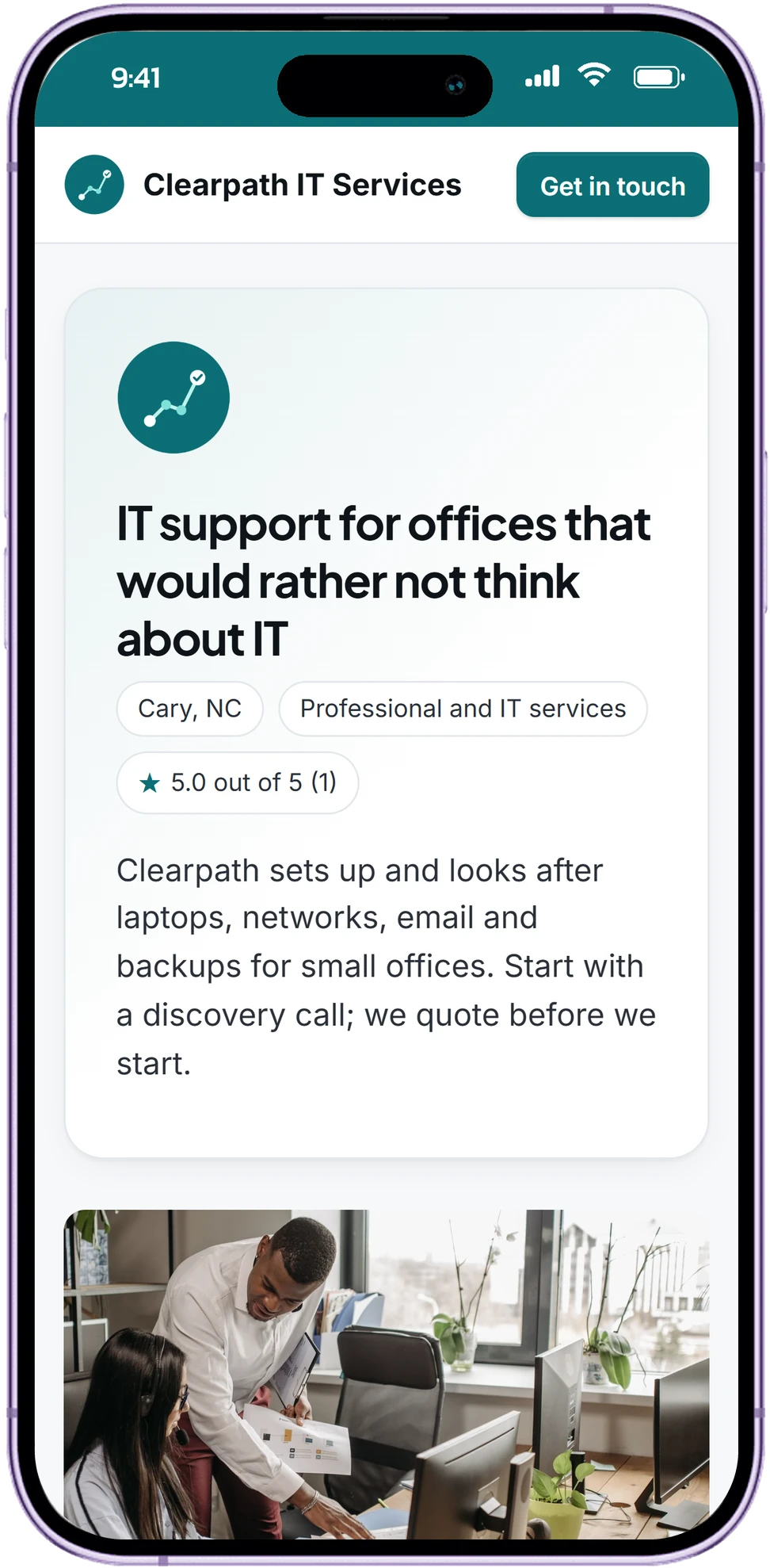 Clearpath IT Services's page on a phone