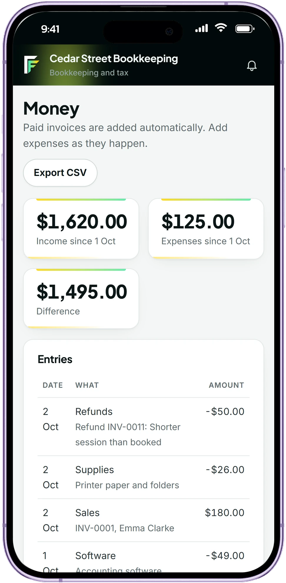 The Money page in Fountain on a phone: income, expenses and every entry