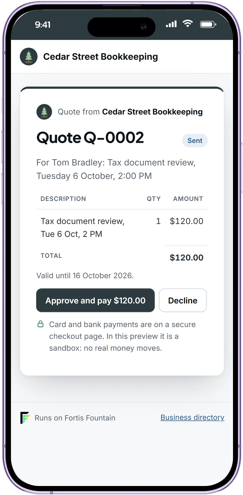 A customer\'s quote with an Approve and pay button on a phone