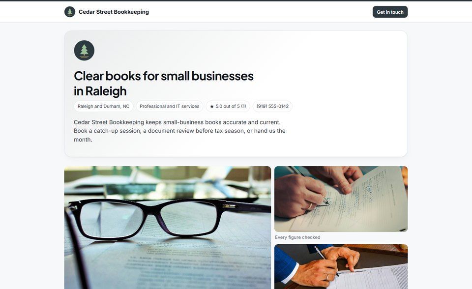 The top of a business page with its name and colour