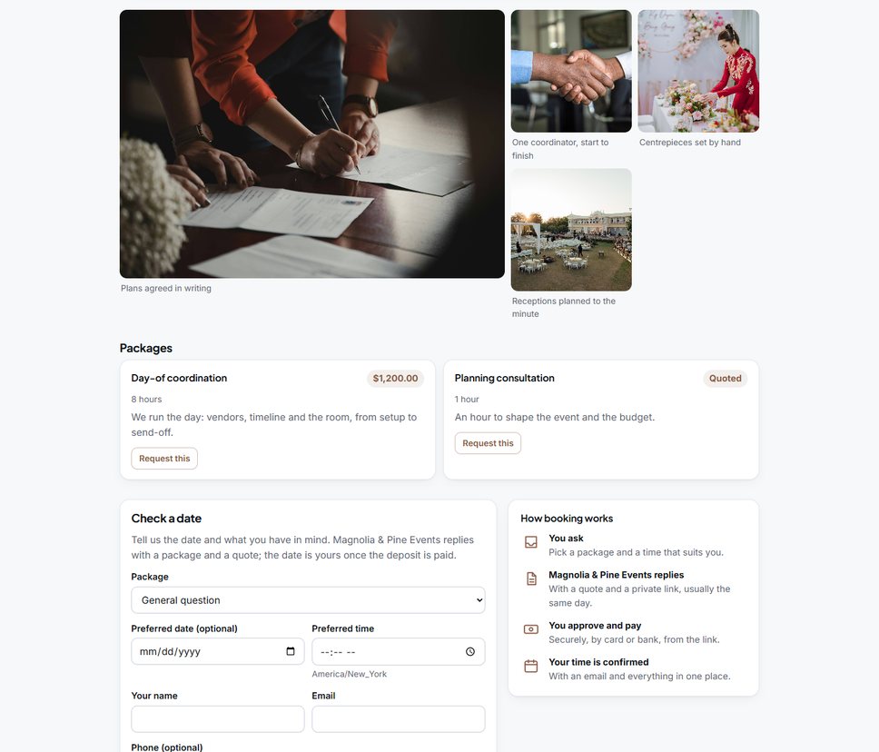 A section of the Magnolia & Pine Events website