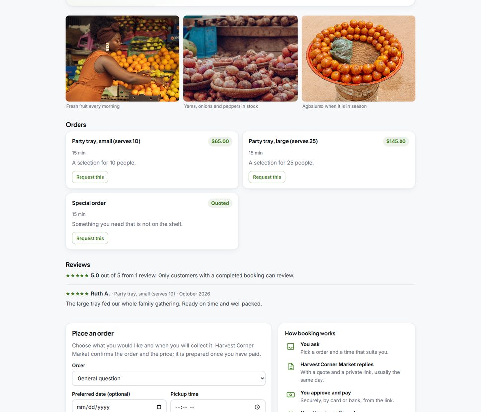 A section of the Harvest Corner Market website
