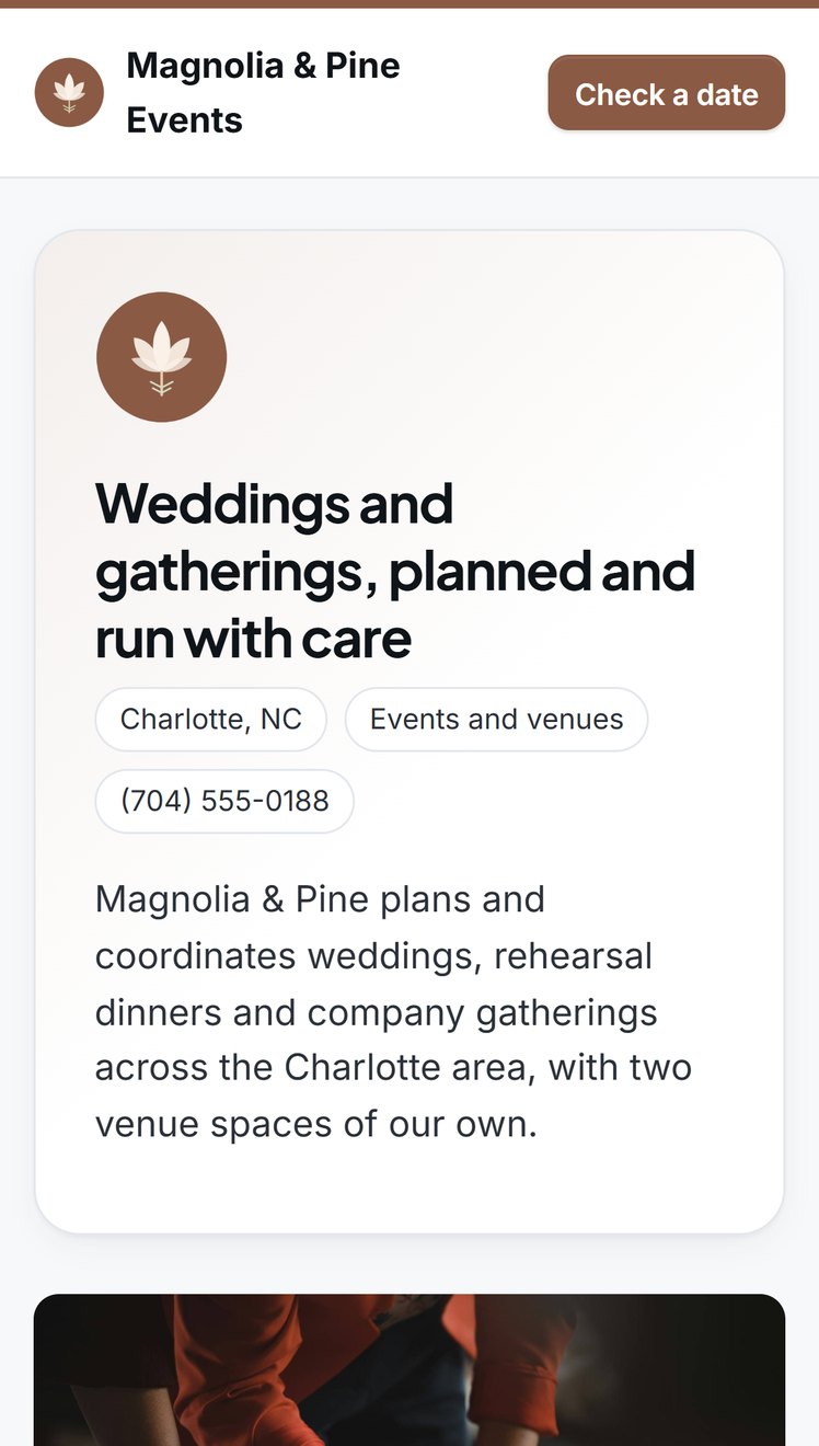 An events business page on a phone