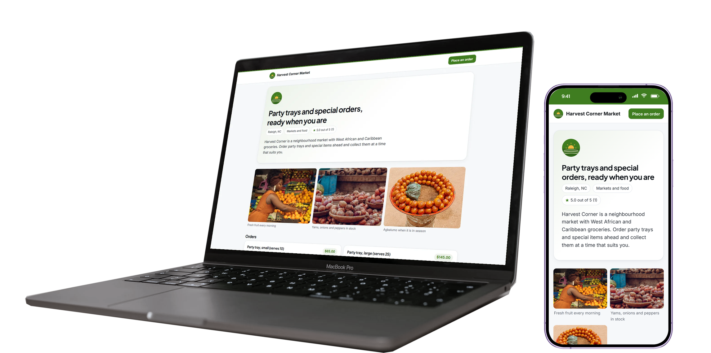 A business page on a laptop and a phone